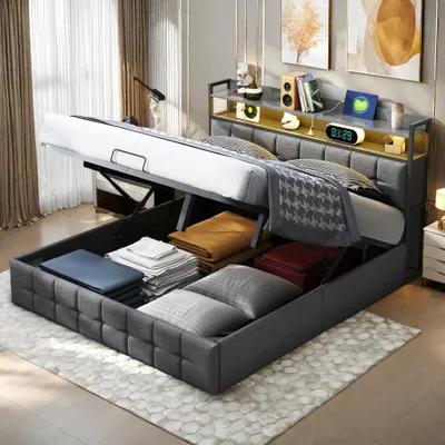 Produktbild von Bett - Polsterbett - 160×200 cm - LED-Kopfteil - Hydraulischer Bettkasten - Leinenbezug - Metallrahmen