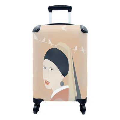 Produktbild von MuchoWow® Koffer Handgepäck Trolley Rollkoffer Kleine Reisekoffer mit 4 Rollen - Pastell - Mädchen mit Perlenohrring - Vögel - Cabin Size < 55x40x23 cm & 55x40x20 cm - Fotokoffer - Kabinenkoffer - Boardgepäck - Reise-Box - Reisekoffer - Reisegepäck - Koffer mit Bild - Trolley für Kinder