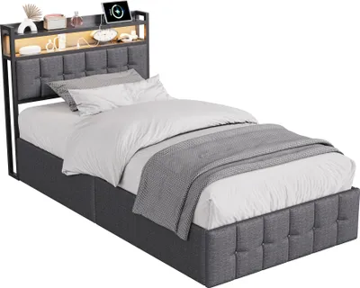 Productafbeelding van Moonbite bed met opbergruimte, 90x200 cm, linnen, grijs, met RGB LED-verlichting en gasveer, USB-C en USB-poorten, innovatief hoofdeinde
