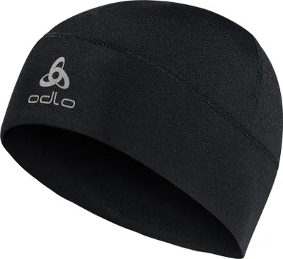 Schwarze Odlo Polyknit Warm Kids Mütze mit reflektierendem Logo und sichtbaren Nähten