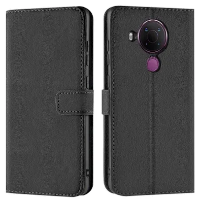 A black book-style phone case for a Nokia 5.4 is shown from two angles: closed on the left and open on the right, revealing the phone's rear camera module.