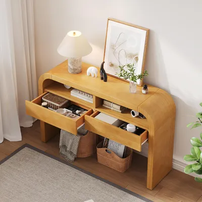 Produktbild von STILVORA Konsolentisch mit Schubladen, Sideboard mit geschwungener Front und verstellbaren Fußpolstern, Flurtisch schmal für Wohnzimmer, Natur