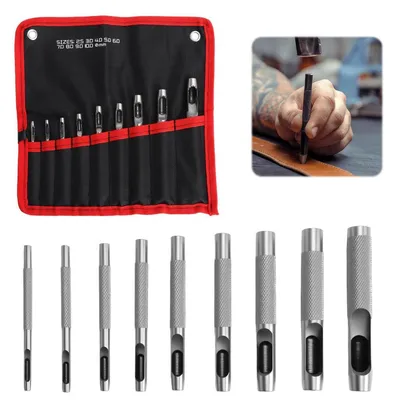 Produktbild von Locheisen Set 9 Stück 2,5–10mm Stahl Hohl Lochstanzer mit Stofftasche