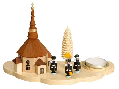 Produktbild von Kerzenhalter Lichthalter mit Seiffener Kirche und Kurrende natur Teelicht Höhe ca 13cm