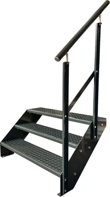 Produktbild von Gitterrost Stahl Wangentreppe 3 Stufen Verzinkt & Anthrazit Pulverlackiert + Geländer Rechts - (L x B x H) 63cm x 100cm x 57cm