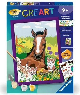 Image de Kit de Peinture par Numéros CreArt Kids Cheval et Chatons, 18x24cm, Dès 7 Ans, Numéro d'Art, Ravensburger