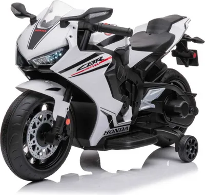 A white electric toy motorcycle with training wheels.