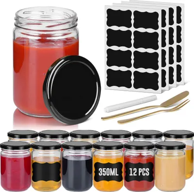 Produktbild von JOIEYOU Kleine Einmachgläser 12 Stück Set Mason Jar Rund Marmeladengläser mit Metall Deckel 350ml Mini Luftdichte Gläschen Transparent Einweckglas für Honig, Gewürze, Marmelade (Schwarz)