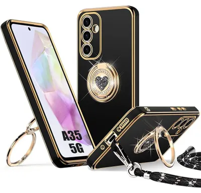 Image de Coque pour Samsung Galaxy A35 5G, Silicone Souple Anti-Rayures avec Anneau Motif Coeur et Cordon - Noir