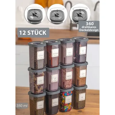 Produktbild von Jungengel Gewürzbehälter Set, 12tlg., mit Deckeln und Gewürzmühle, aus BPA-freiem, transparentem Kunststoff, in Anthrazit, Transparent, Cappuccino, 6x6x11 cm, 350 ml pro Behälter, lebensmittelecht, allergikerfreundlich