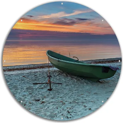 Produktbild von Wallario rundes Outdoor-Poster für Garten oder Balkon, Motiv Einsames Fischerboot mit Anker am Strand, 60 cm Durchmesser