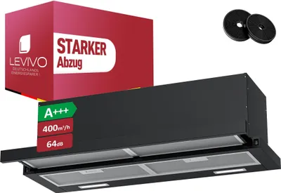 A black range hood is shown with marketing labels and accessories.
