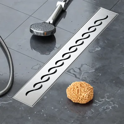 Produktbild von VILSTEIN Duschrinne 50cm, Edelstahl Bodenablauf Komplettset, extra flach, Siphon mit Geruchsstop, Haarsieb - Kurze Wellen