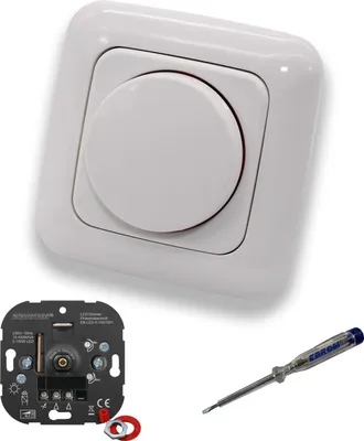 Produktbild von EBROM 1001 LED-Drehdimmer LED Dimmer mit Busch Jäger Dimmerscheibe Zentralplatte 2115-214 Einfachrahmen in Reflex Si alpinweiß glänzend inklusive EBROM Phasenprüfer zur Montage des Dimmers