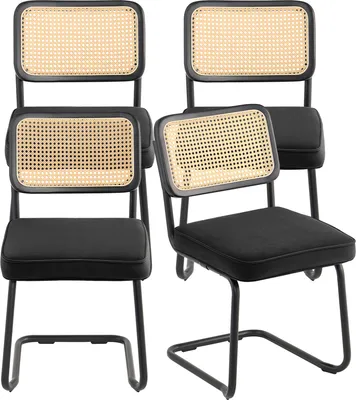 Produktbild von SucceBuy, 4er Set Mid-Century Modern Esszimmer- & Akzentstühle, Schwarz, mit Samt gepolstert, atmungsaktiver Rattan-Rückenlehne, freitragendem Metallrahmen & einfacher Montage, für Wohn- & Schlafzimmer, 450x570x835mm, Modell 9832