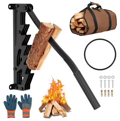 Image de Fendeuse manuelle en bois, fabriquée en acier au manganèse et en fonte, de couleur noire, à fixer au mur, avec levier fixe et kit d'accessoires
