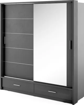 Produktbild von Furniture24 Schwebetürenschrank Kleiderschrank Schiebetürenschrank AR-05 ARTI Garderobenschrank mit Spiegel 2 Schubladen und Beleuchtung Schwarz Matt, 200 cm breit