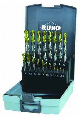 Produktbild von RUKO Spiralbohrer-Satz DIN 338 Typ N, HSS-G mit TiN Spitzenbeschichtung in Kunststoffkassette - 19 tlg. - 2501214TRO