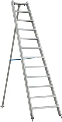 A standalone aluminum ladder with a support leg and a blue brace.
