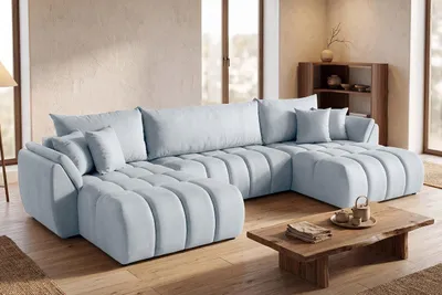 Produktbild von Ecksofa 382x184 cm mit Schlaffunktion & Bettkasten – Hellgrau Samt – U-Sofa, Schlafsofa mit Liegefläche 330x149 cm, inkl. 3 Rückenkissen & 4 Dekokissen