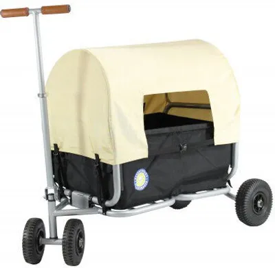 A product shot of a foldable wagon with a canopy.