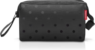 A black cosmetic bag with a polka dot pattern.