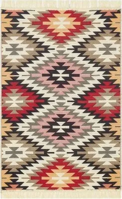 Produktbild von Roter Kelim Teppich Arya mit modernem Aztekenmuster doppelseitig 60x90 cm