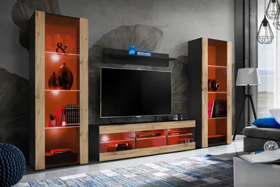 Obrázek produktu pro Komodee | Sada Nábytku do Obývacího Pokoje Tivoli Grande, Korpus Černý Matný Přední Část Wotan Matný, LED RGB