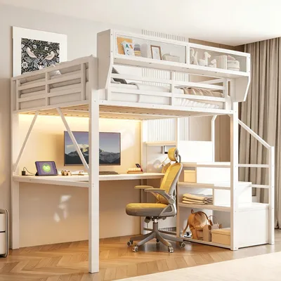 Image de Lit superposé Merax, 140x200 cm, avec éclairage LED, lit en métal avec bureau intégré, lit pour enfants avec échelle de sécurité, lit pour adolescents avec étagère de rangement, blanc