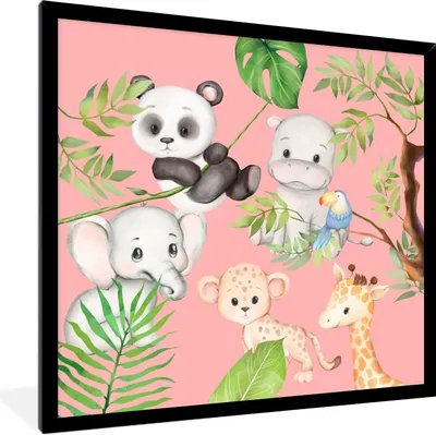 Produktbild von MuchoWow® Gerahmtes Poster Dschungel - Rosa - Tiere 40x40 cm - Poster mit Schwarzem Bilderrahmen Wandposter Rahmen Foto Bilder - Mit Rahmen - Wanddekoration Schlafzimmer