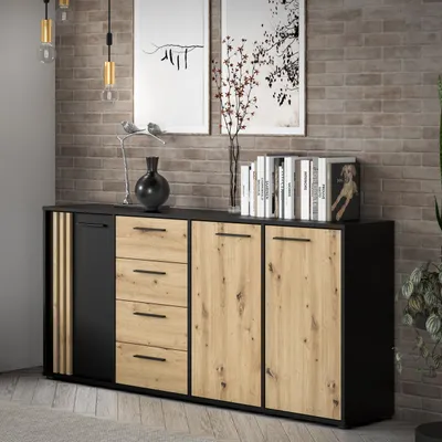 Produktbild von Forte CARDIGAN Kommode 180, moderne Kommode, 3-türig mit Lamellendesign, 4 Schubladen, Wohn-/Schlafzimmer, Artisan Eiche Holzdekor|Schwarz, 179,4 cm breit x 82,3 cm hoch x 34,3 cm tief