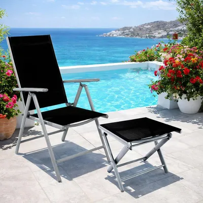Immagine prodotto di Sedia pieghevole da giardino in alluminio - Tessuto grigio argento/nero + poggiapiedi
