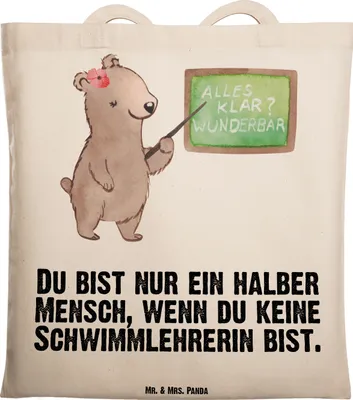 Produktbild von Mr. & Mrs. Panda Tote Bag Schwimmlehrerin Herz - Transparent - Geschenk, Witzig, Lustig, festival tasche, Schultasche, Schwimmbad, Beruf, Jutebeutel, canvas, Spruch