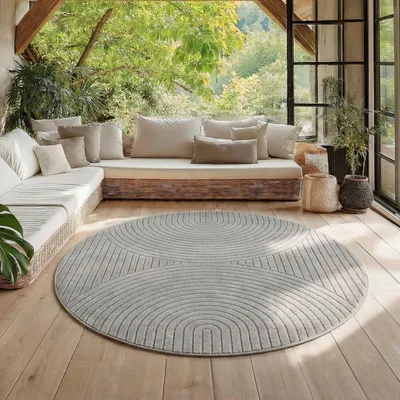 Produktbild von Homebyhome Outdoor Teppich, Modern Boho Design, 3D Effekt, Robust und UV-Beständig, ideal für Terrasse Wohnzimmer & Küche, Grösse: 120 cm Rund