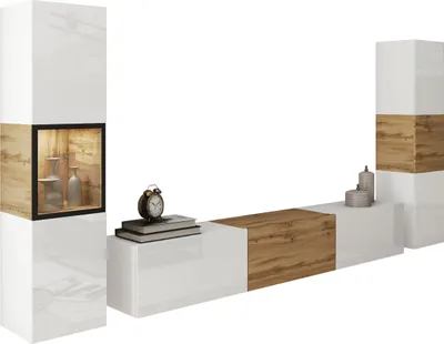 Produktbild von MIRJAN24 Wohnwand Berlin III, Stilvoll Wohnzimmer-Set, TV-Schrank, Modern Mediawand (Weiß / Weiß Hochglanz + Wotan Eiche, mit Beleuchtung)