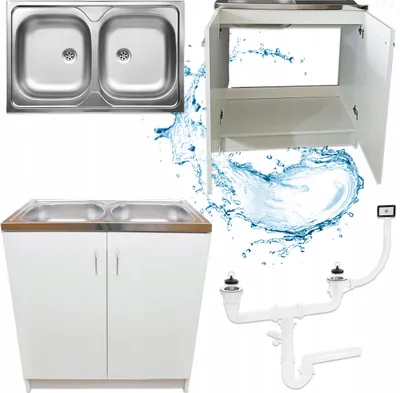 Collage of kitchen sink parts including a double sink, a cabinet, and plumbing components.
