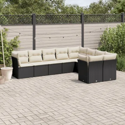 Produktbild von Design 9-tlg. Garten-Sofagarnitur mit Kissen Schwarz Poly Rattan, Gartenmöbel-Sets 2024 Neu