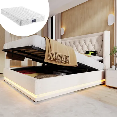 Obrázek produktu pro okwish Boxspring postel, čalouněná postel 140 x 200 cm s čelem s USB nabíjecím portem a LED osvětlením, hydraulická postel se úložným prostorem a zásuvkou (s matrací) - Béžová