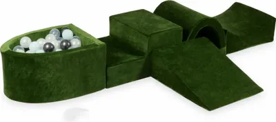Produktbild von Schaumstoff-Spielset mit Brücke und Mikro-Bällepool – Samtig weiches Olivgrün + 100 Bällebadbälle / transparent, mint, metallic graphit, Meerjungfraueneffekt