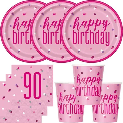 Produktbild von 90. Geburtstag Partyset Einweggeschirr rosa pink 48 tlg. Partygeschirr Teller Becher Servietten