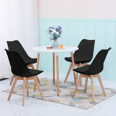 Image de HJ_WeDoo Table de salle à manger ronde blanche avec 4 chaises de salle à manger noires - Ensemble de salle à manger scandinave 80×80×70 cm - pour cuisine, bureau, salle de conférence