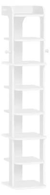 Image de Étagère à chaussures - Étagère étroite en bois pour chaussures - 8 niveaux - Avec crochets - Réglable - Peu encombrante - Blanche