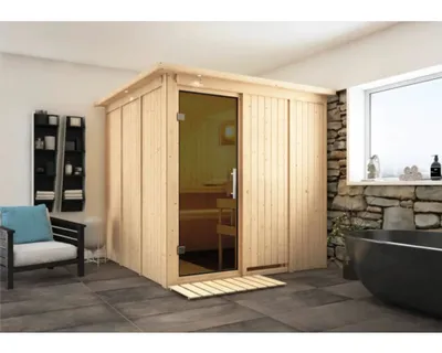 Produktbild von Elementsauna Karibu Rodina ohne Ofen mit Dachkranz und graphitfarbeneer Ganzglastüre