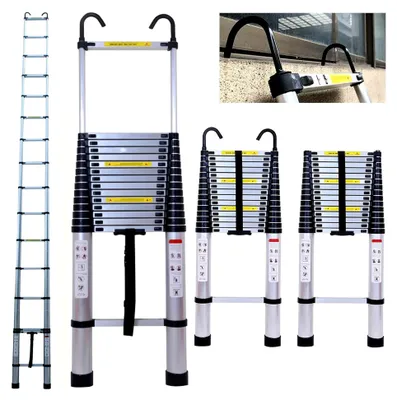 Produktbild von Robuste Teleskopleiter, 6,2 m, Aluminium, mit abnehmbarem Sicherheitshaken, Tragkraft 150 kg, tragbar, faltbar, für Innen- und Außenbereich, Mehrzweckleiter, ausziehbar