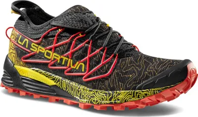 Trailrunning-Schuh "Mutant" von La Sportiva in Schwarz mit gelben und roten Akzenten; rutschfester Sohle.