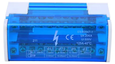 Verteilerklemmenblock, DIN-Schiene, 2 Ebenen, 500V, 125A, 22 Kontakte