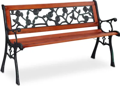 Produktbild von Relaxdays Gartenbank, Rosenmuster, 2 Sitzer, Holz & Gusseisen, Balkon & Terrasse, Sitzbank, 73x125x52,5 cm, natur/grün