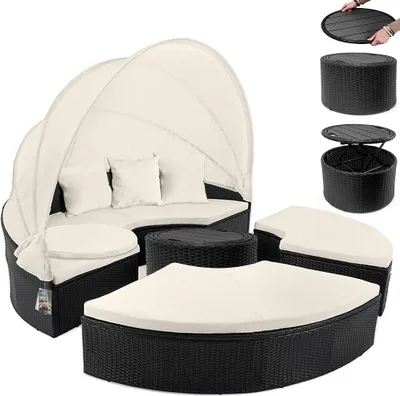 Produktbild von CASARIA® Sonnenliege Sonneninsel Wetterfest 185cm 2 Personen mit Teleskoptisch Relaxliege mit Dach Balkon Gartenmöbel Set Gartenliege Outdoor Schwarz