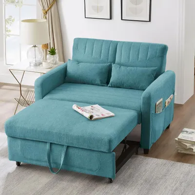 Zdjęcie produktu dla Dwuosobowa rozkładana sofa o wymiarach 114x77x82,5 cm, z możliwością rozłożenia na łóżko, z 3-stopniową regulacją oparcia. Sofa-łóżko z funkcją spania, obita oddychającą tkaniną bawełniano-lnianą, kolor: błękitno-zielony