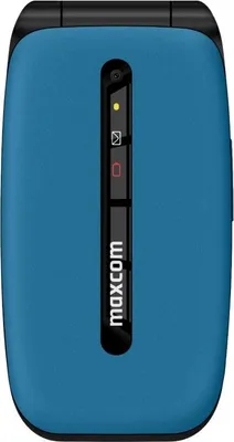 A blue flip phone with a black hinge and a vertical black strip on the front displaying indicators and the brand name.